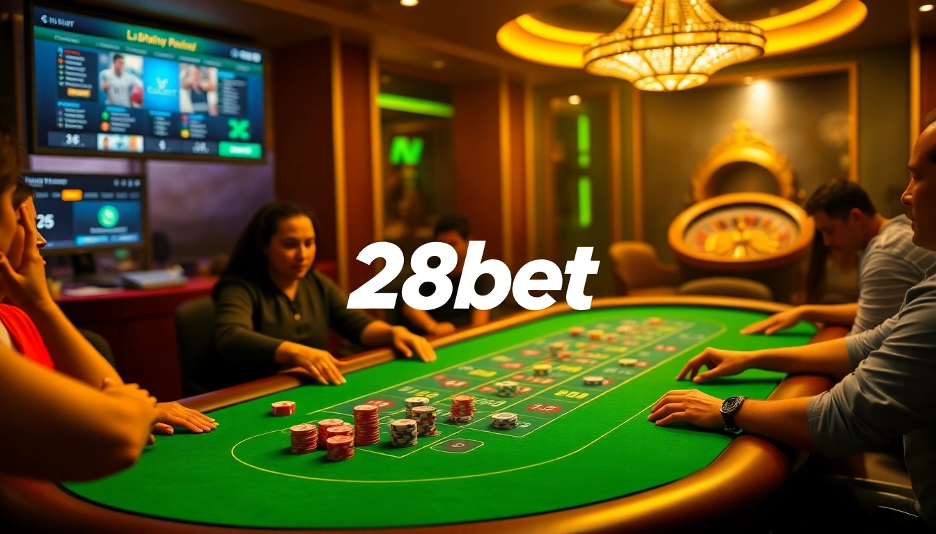 Players engaged in a thrilling poker game at 28bet casino, highlighting vibrant chips and digital betting interface.