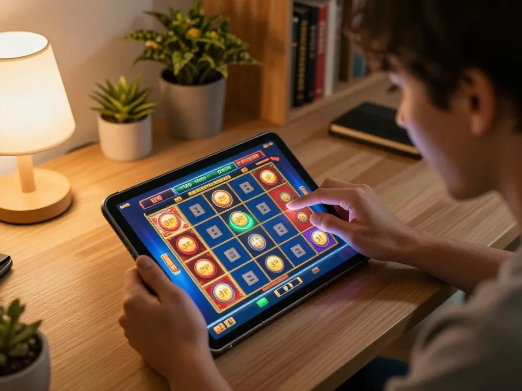 Engaging slot toto gameplay on tablet during a cozy home gaming session