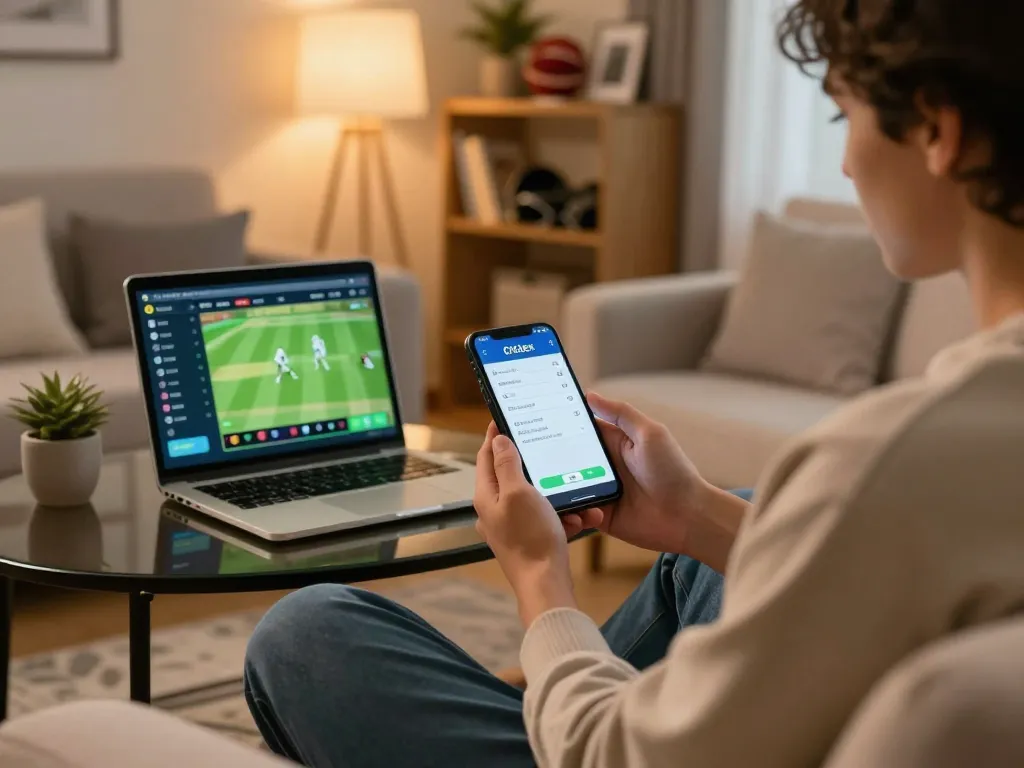 Crickex user placing bets on a cricket match through a mobile app, showcasing live odds and statistics in a cozy living room setting.