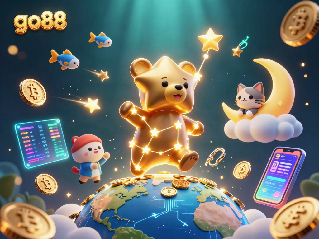 Engage in thrilling go88 gaming with cosmic characters and vibrant casino elements surrounding them.