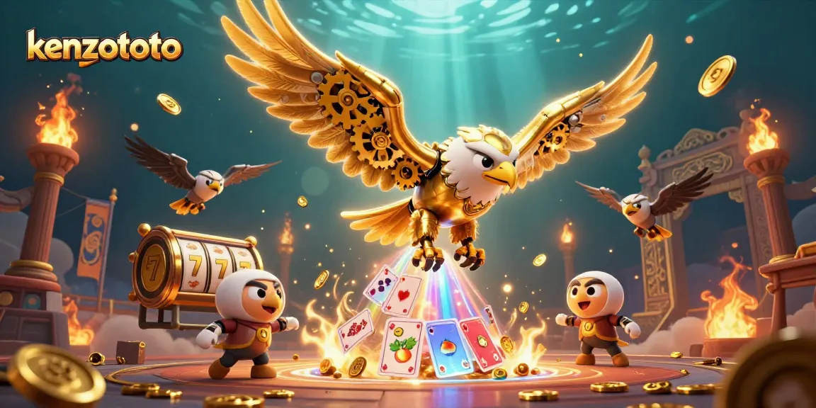 Kenzototo slots action featuring a golden eagle and holographic cards in a vibrant casino scene