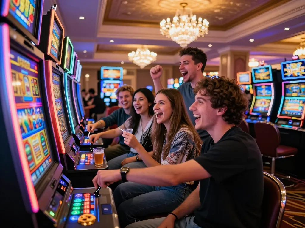 Exciting group of friends playing Lucky 88 slot machine in vibrant casino atmosphere