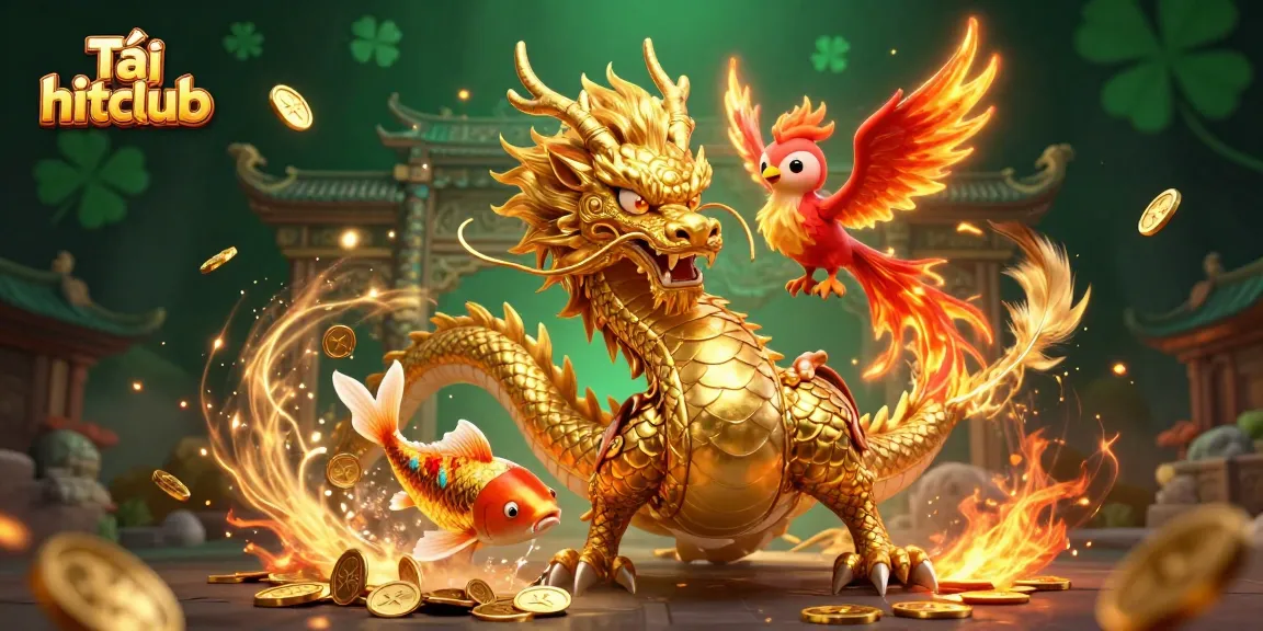 Tải hitclub to enjoy thrilling games featuring a Chinese dragon, phoenix, and koi fish in a vibrant gambling scene.
