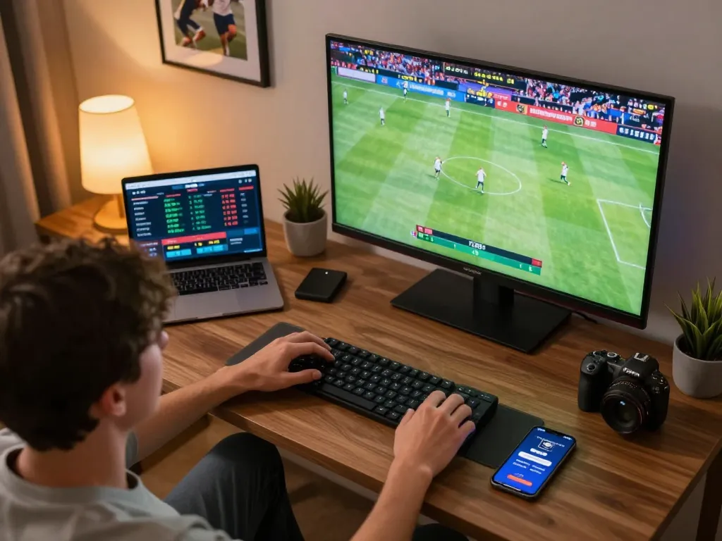 Person placing a bet on the FC88 app during a live sports match, showcasing an engaging at-home betting experience.