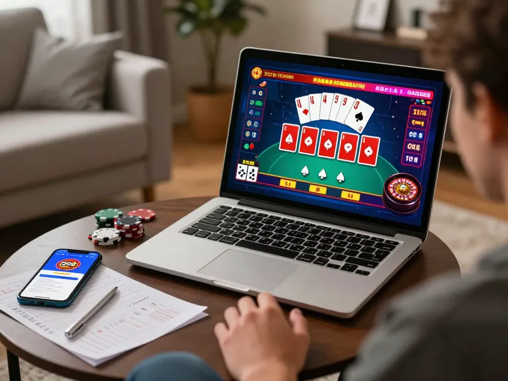 Player enjoying go8 live dealer game on laptop in cozy home setup, showing excitement and strategic engagement.