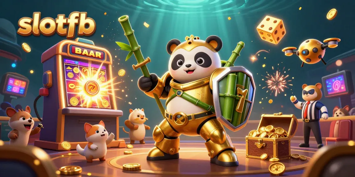 Witness the vibrant action of slotfb with a golden panda piloting a bamboo robot amidst slot machines and dazzling effects.