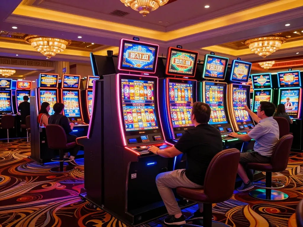 Exciting players engaging with vibrant slot machines at rr88l1 com casino, showcasing a lively atmosphere.
