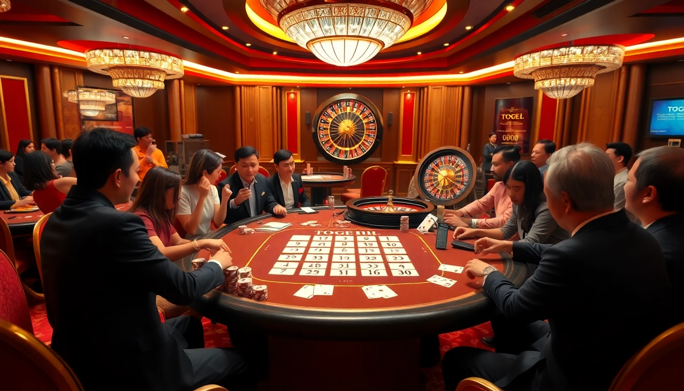 Excited players at a Togel HK table in a luxurious casino environment showcasing professional gambling.
