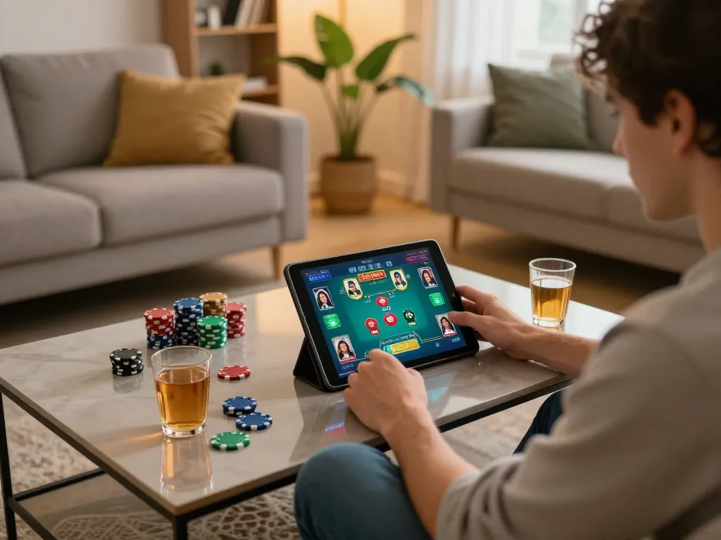 Engaging online poker session at home, showcasing kp88 gaming strategy with vibrant visuals on tablet.