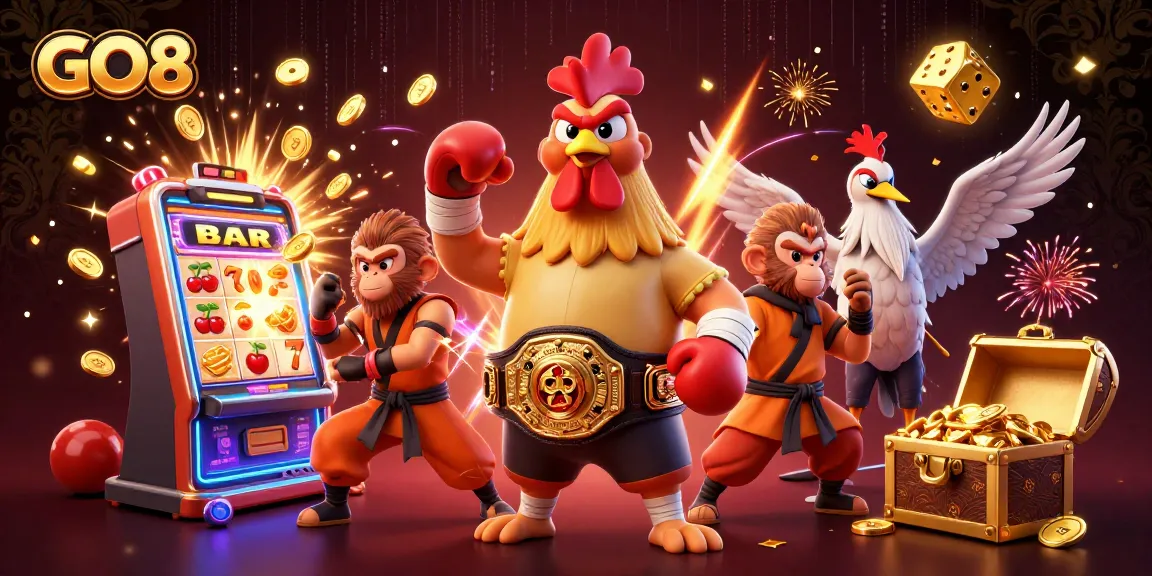 Experience the thrill of GO8 with a dynamic scene featuring a Muay Thai rooster, Shaolin monkey, and crane master amidst vibrant casino elements.