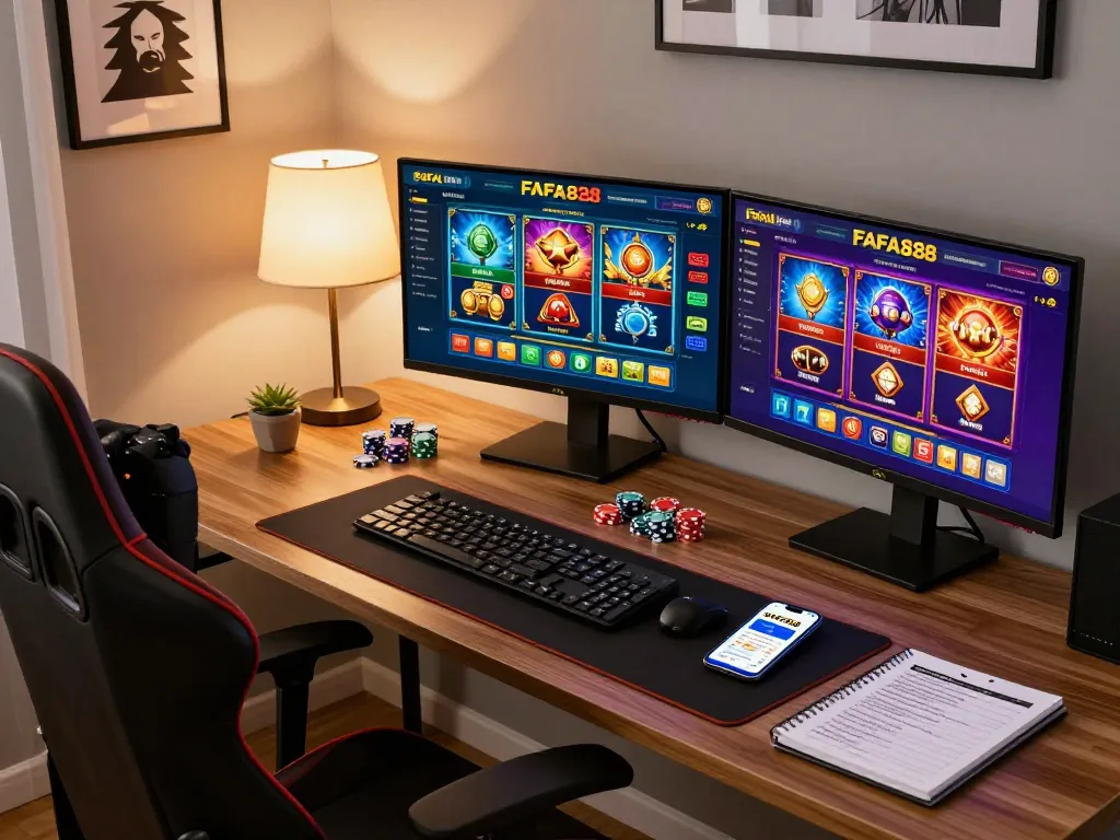 การตั้งค่าการเล่นเกมคาสิโนออนไลน์ FAFA828 พร้อมจอภาพที่มีสีสันแสดงเกมสล็อตที่น่าตื่นเต้นและโต๊ะดีลเลอร์