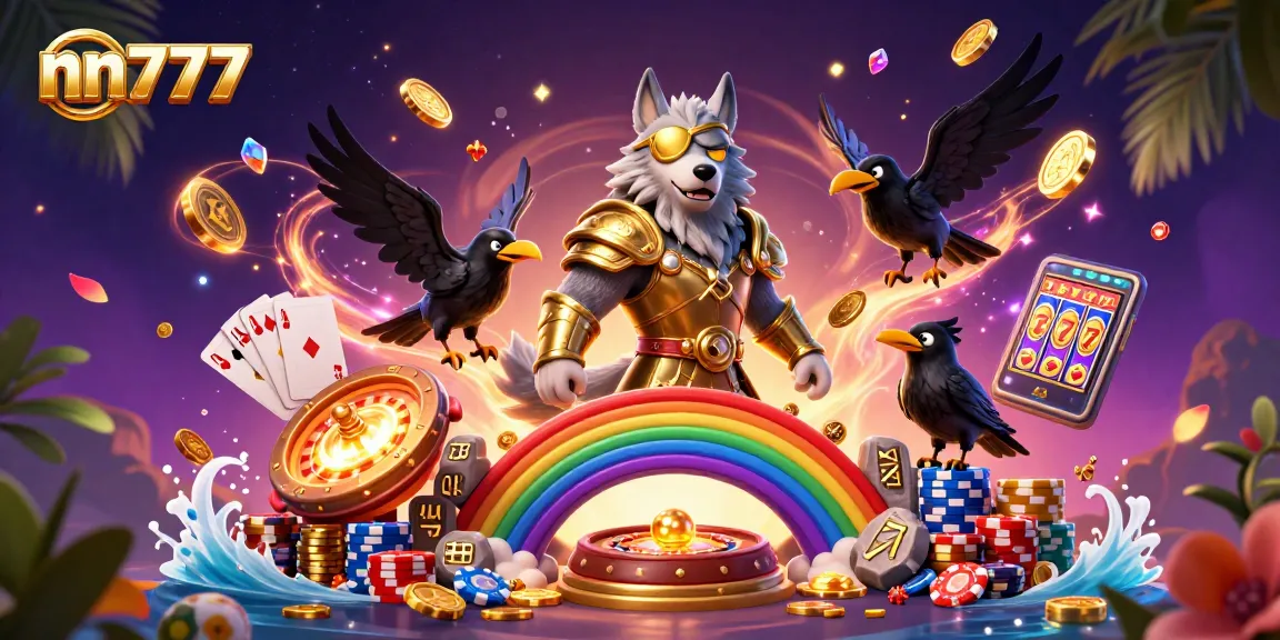 Experience the thrill at nn777 with a 3D illustration of Odin and his ravens amidst casino excitement.