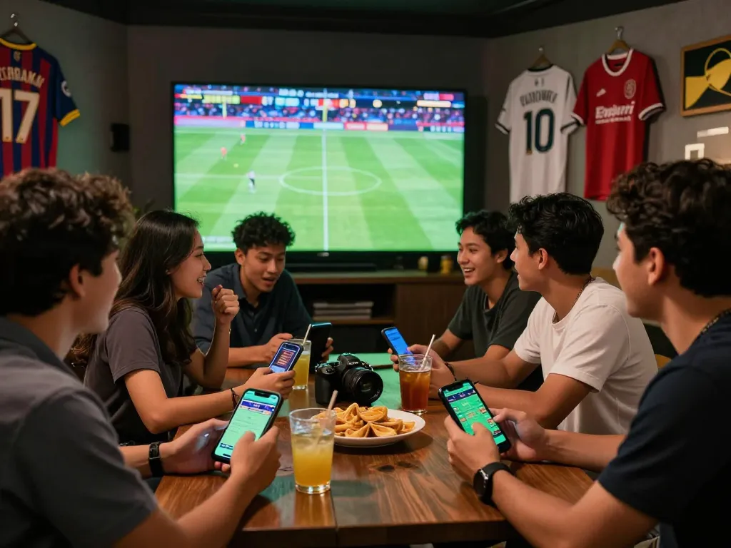 Friends enjoying Judi Bola betting while watching a live football match in a cozy setting.