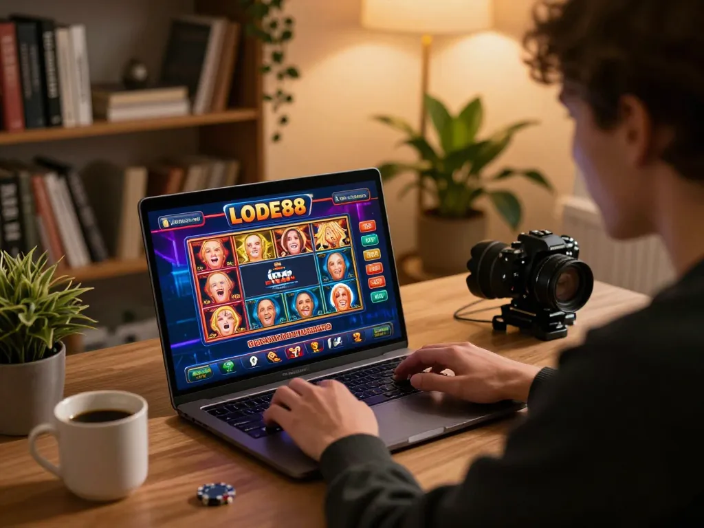 Exciting online gaming session at LODE88 showing a player engaged with casino games at home