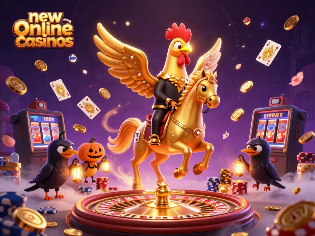 Experience new online casinos with vibrant 3D characters, coins, and casino elements in this detailed illustration.
