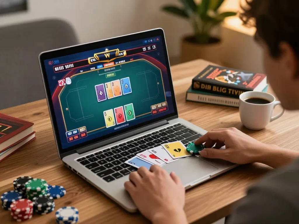 rr88 player enjoying a thrilling online poker game on a laptop, cozy home setup