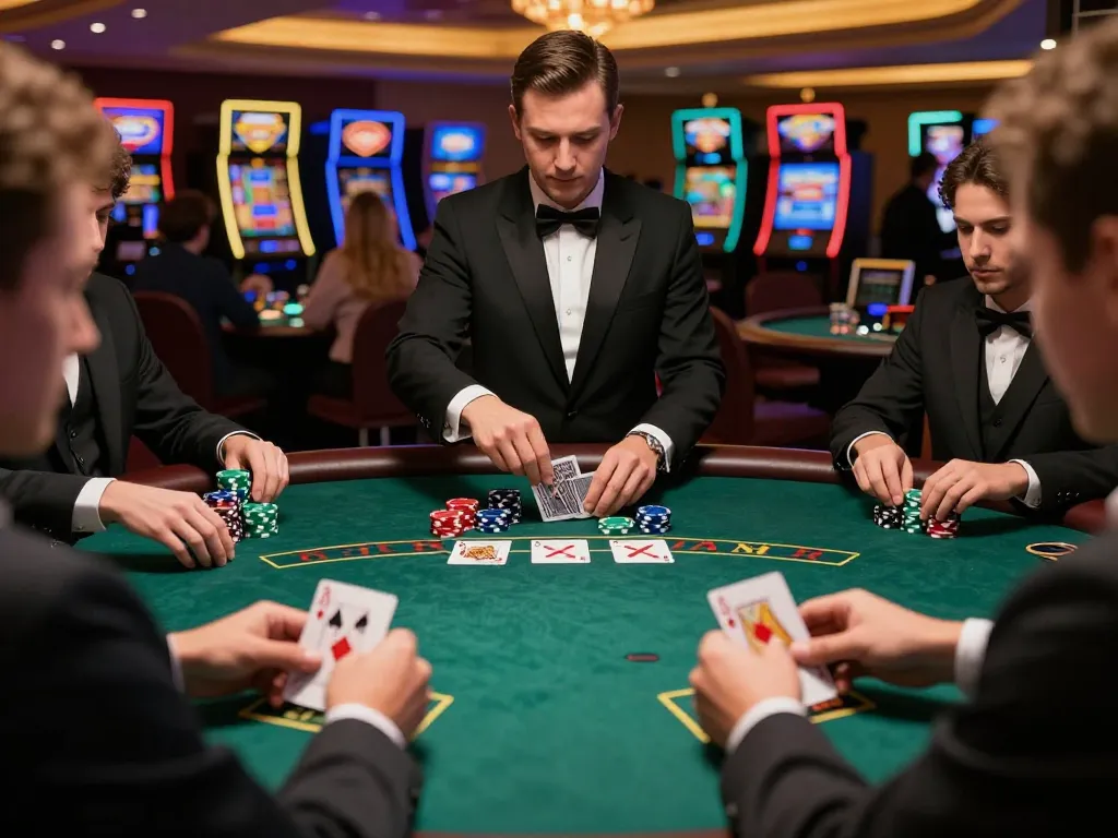 Players engaging in a blackjack game at nhà cái 388bet table, adrenaline and strategy visible as they place bets.