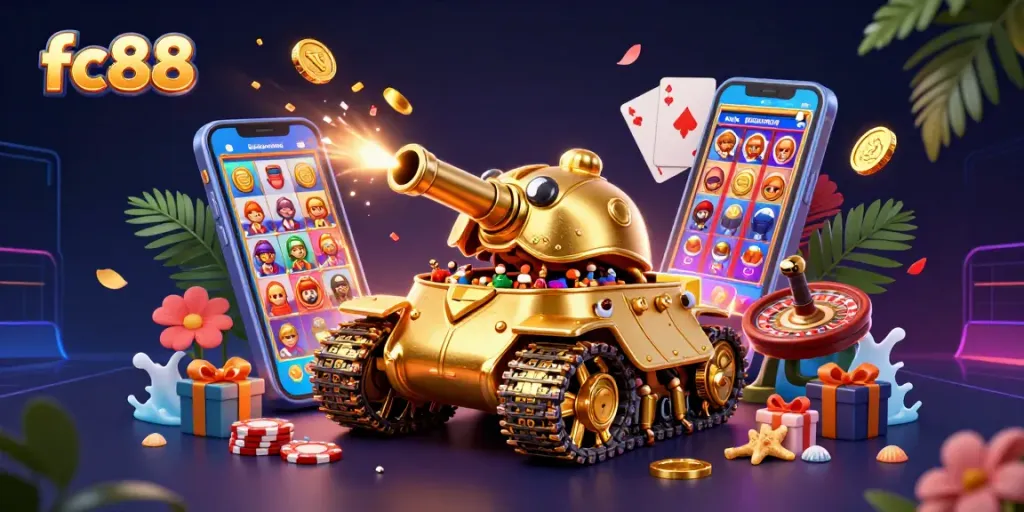 Play dynamic fc88 slot games with the golden beetle tank showcasing a miniature casino adventure.