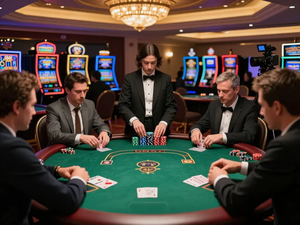 Experience the thrill of F168 poker gameplay with focused players in a luxury casino setting.
