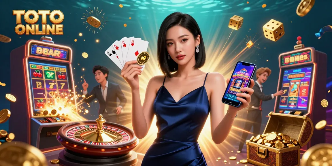 TOTO ONLINE showcases a stunning Asian woman confidently holding a casino smartphone among vibrant gaming elements.