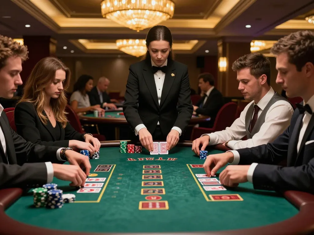 VU88 players focused on high-stakes blackjack game, vibrant casino atmosphere with dramatic lighting