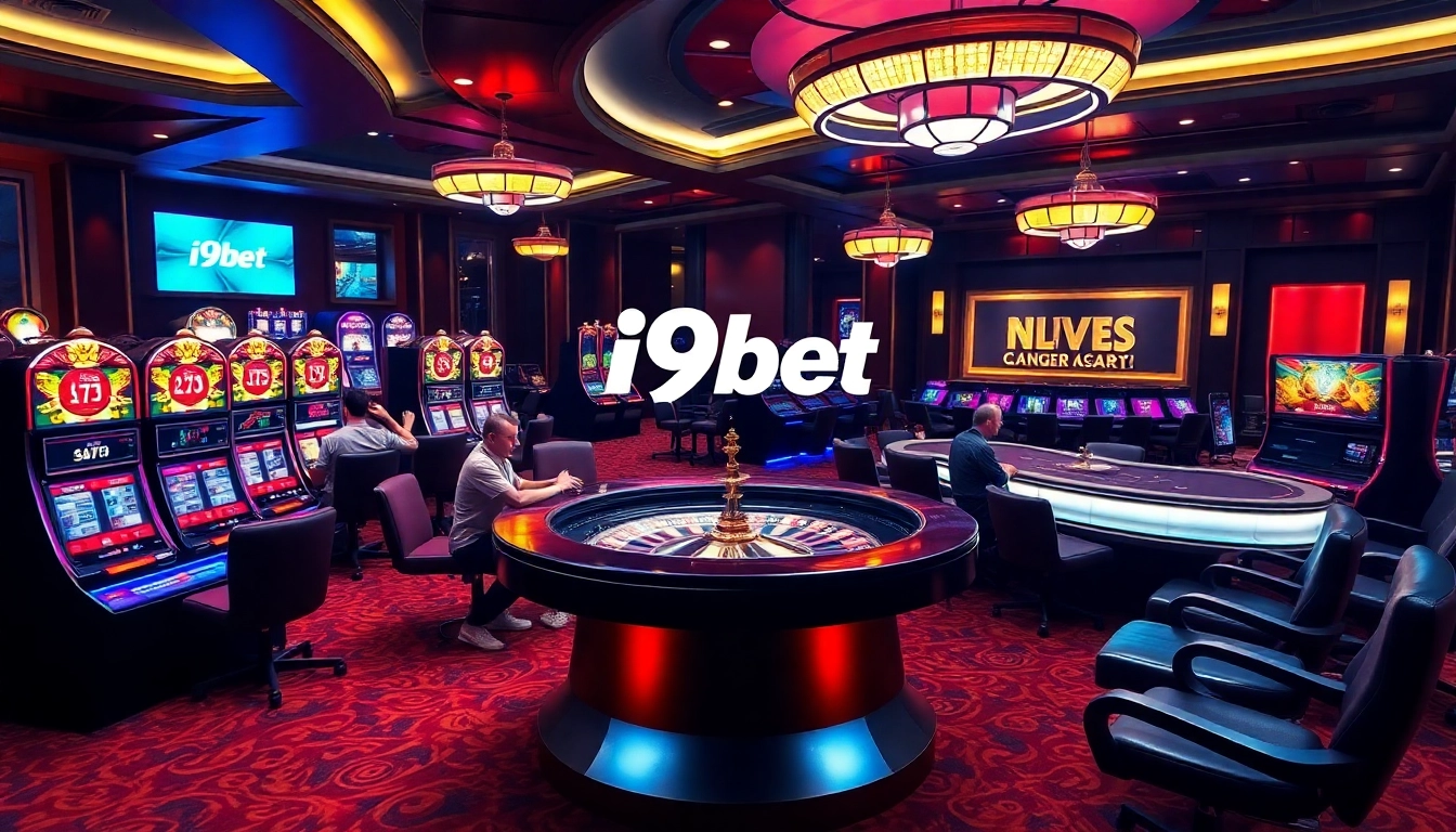 Players enjoying poker action at i9bet’s luxurious casino, featuring vibrant slot machines and roulette.