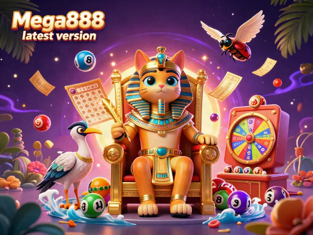 Engage with the Mega888 latest version illustrated in a rich 3D scene filled with casino elements and vibrant characters.