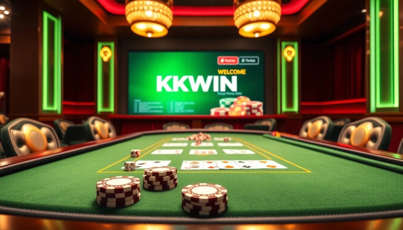 Kkwin casino table featuring poker chips, cards, and dice in a luxurious setting.