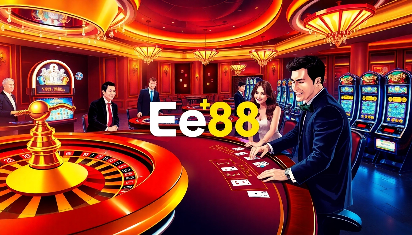 Players enjoying the thrill of gaming at Ee88's vibrant casino, showcasing tables and slot machines.