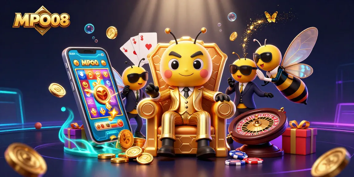 MPO08 showcases a thrilling casino world with characters in action and vibrant game elements
