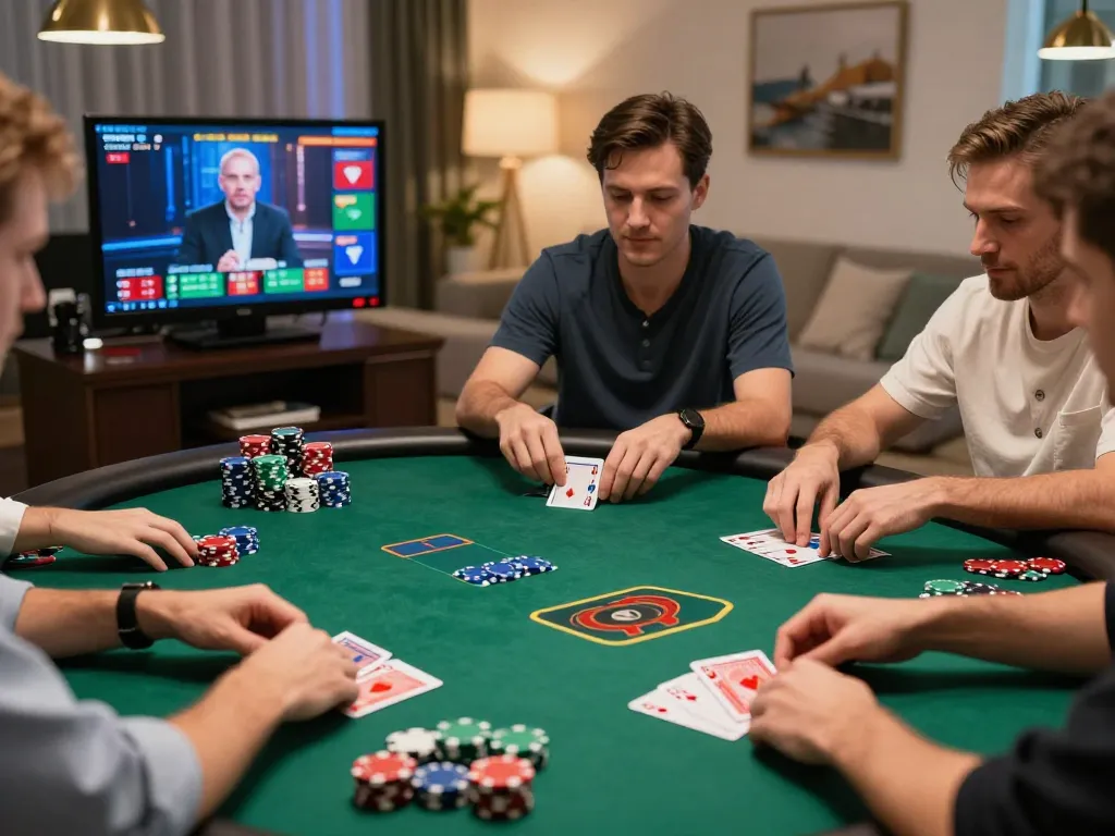 Players engaged in a live poker game at OKFUN, highlighting the excitement and strategy of online gambling.