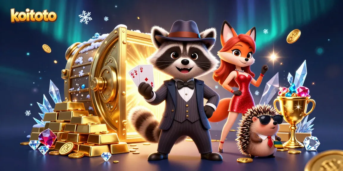 Koitoto platform featuring animated raccoon, fox, and hedgehog in a vibrant casino setting.