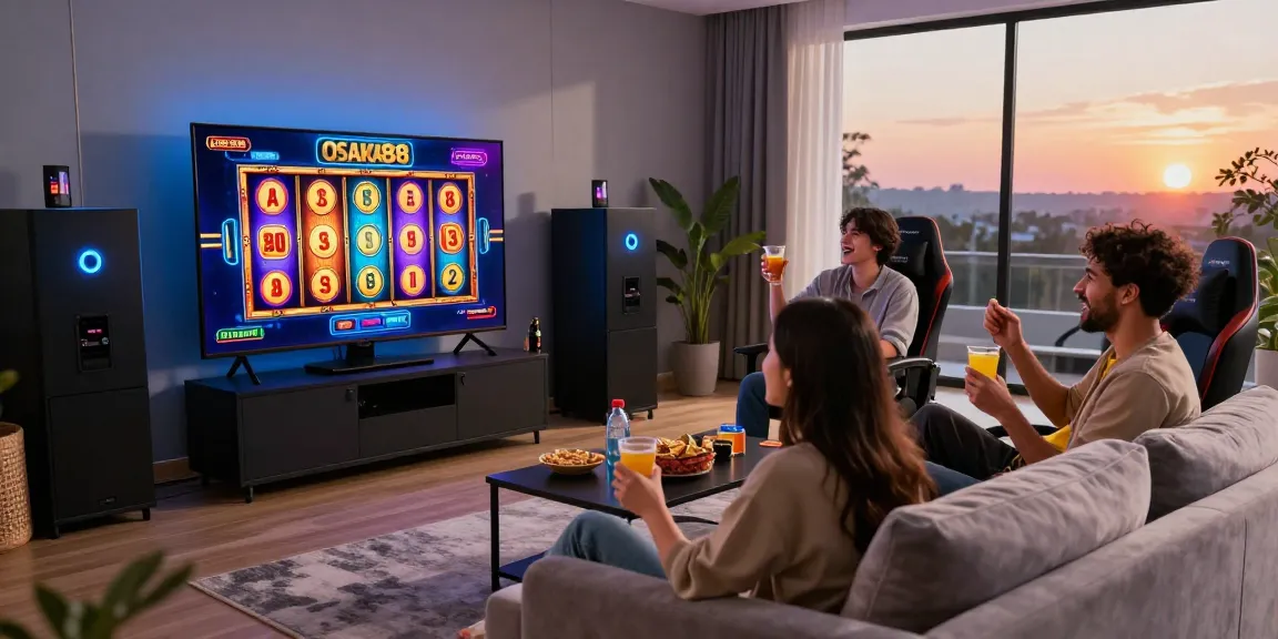 Friends enjoying OSAKA88 gaming in a vibrant living room