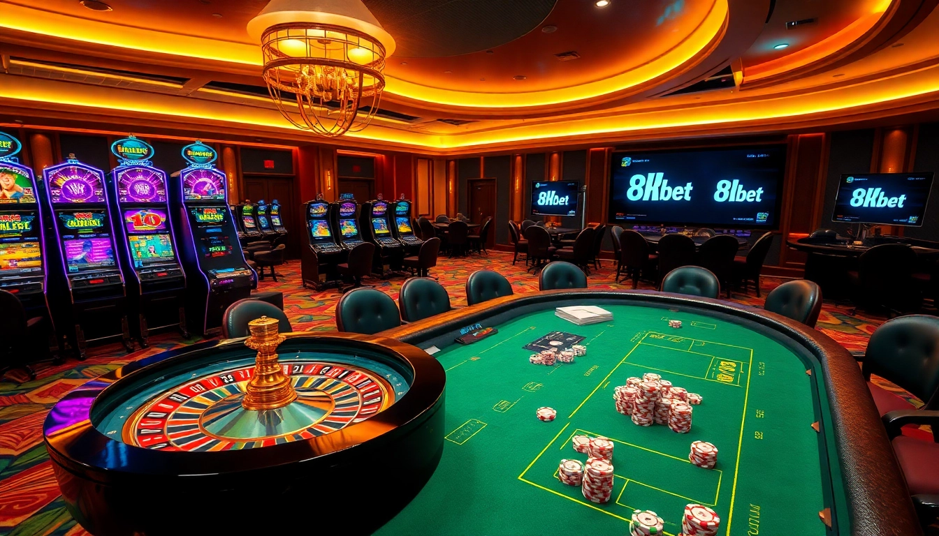 Experience the excitement of 8kbet in a luxurious casino environment with vibrant games and interactive digital screens.
