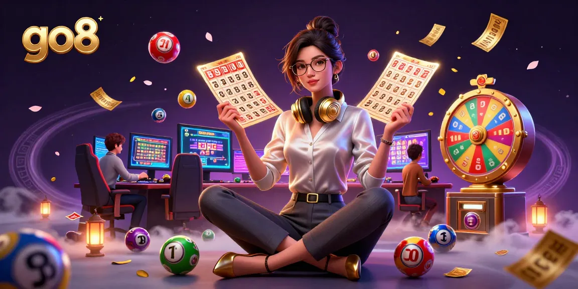 Engaging Asian woman at a gaming setup showcasing go8's colorful casino games with vibrant lottery elements.