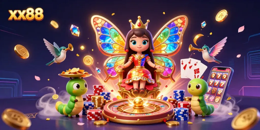 Engage with xx88 by placing bets amidst cascading coins and vibrant casino elements.