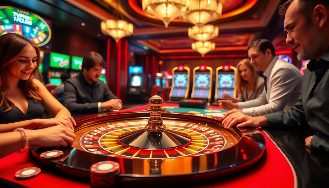 Players at a Typhu88 gaming table experiencing an exciting casino atmosphere with roulette and poker chips.