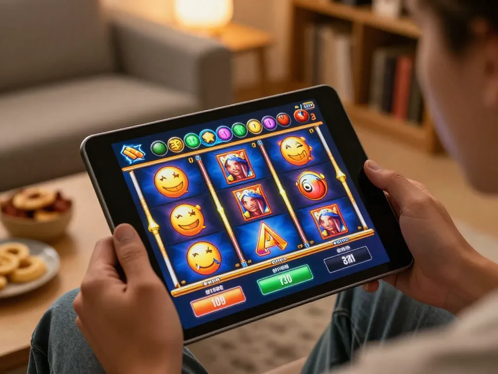 Engaged player enjoying kdslots on a tablet in a cozy home environment.
