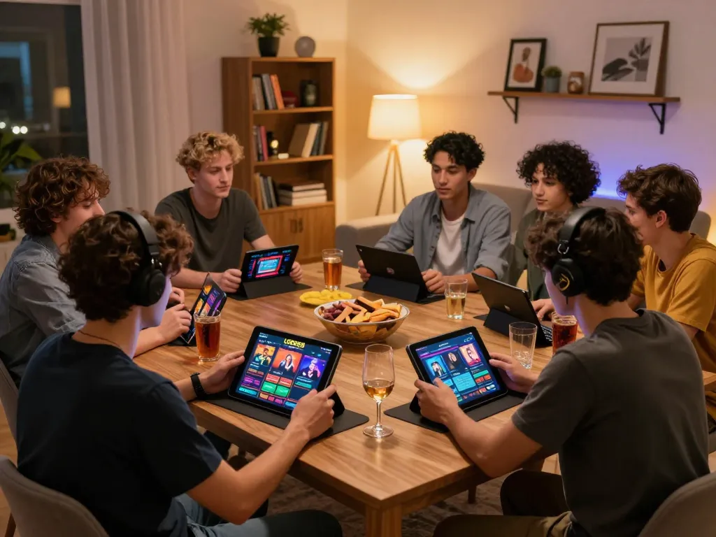 Person playing LODE88 online casino on tablet with friends gathered around discussing strategies, warm home atmosphere