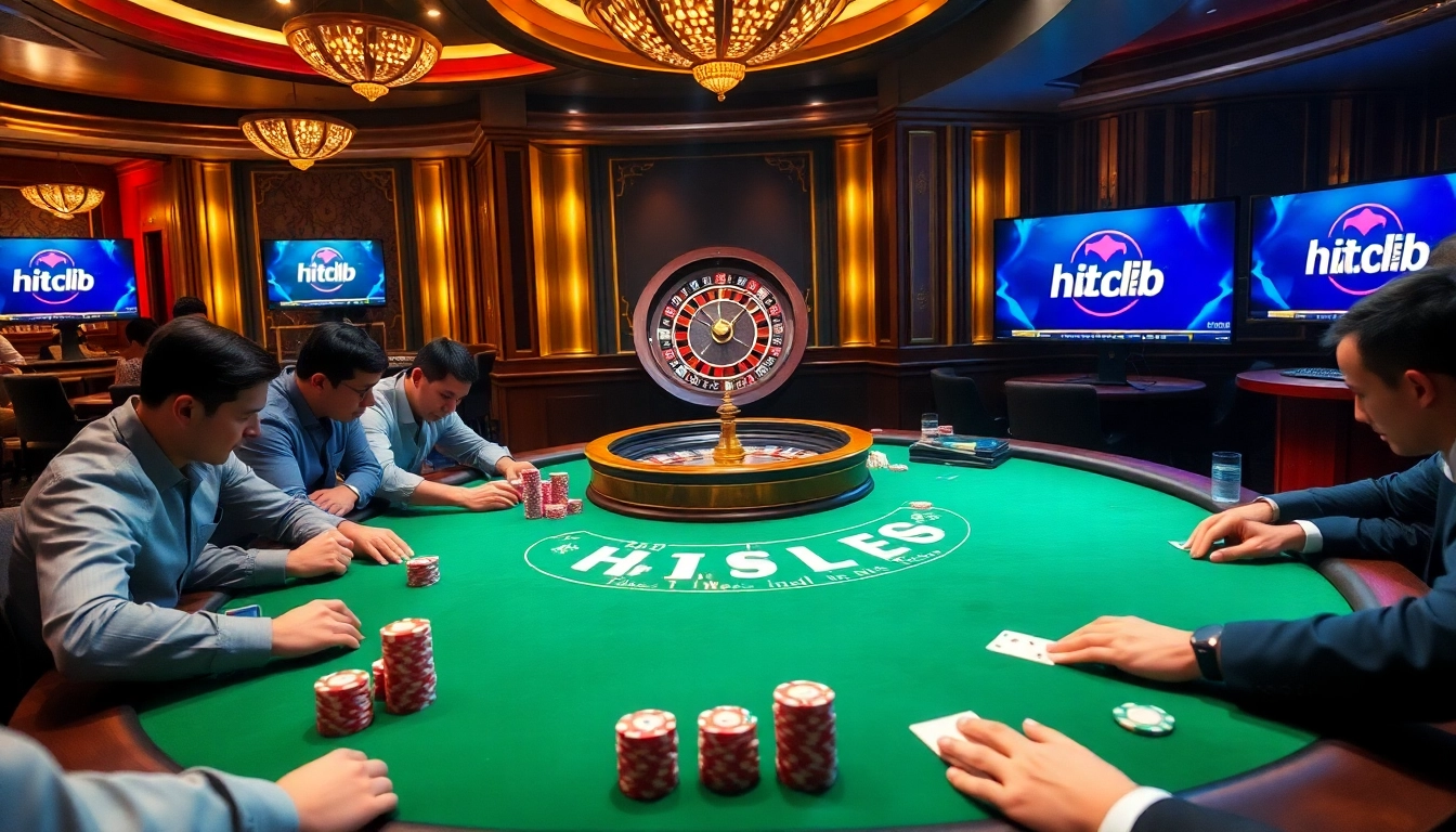 A thrilling scene of a poker game featuring hitclub không chặn stakes amidst an exciting casino atmosphere.