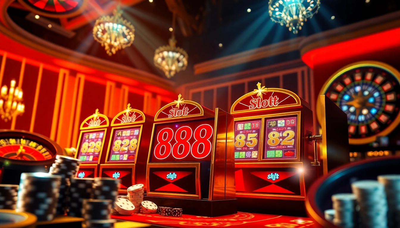 Engaging casino scene showcasing the thrill of slot 88 with vibrant slot machines and poker chips.