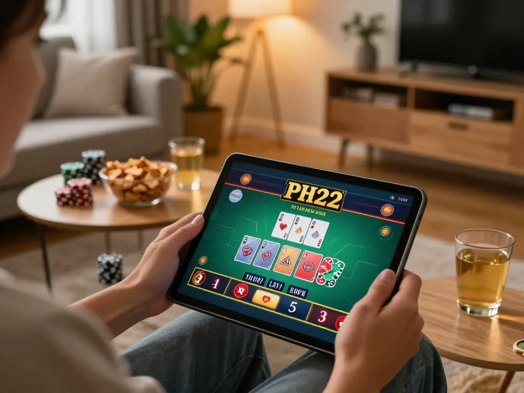 Player engaging in PH22 live casino game on tablet in cozy home setting with snacks and drinks