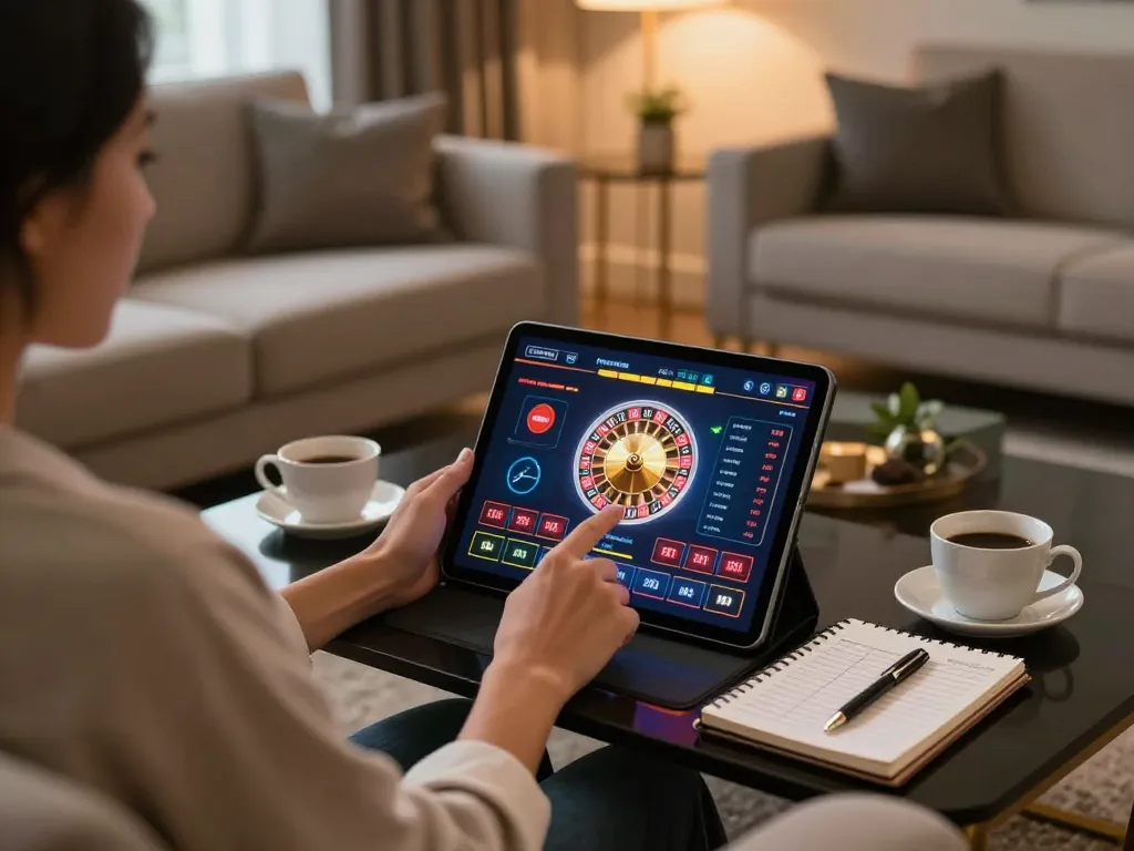Spinning roulette gameplay on a tablet at https://rr88.navy/ in a stylish home setting.