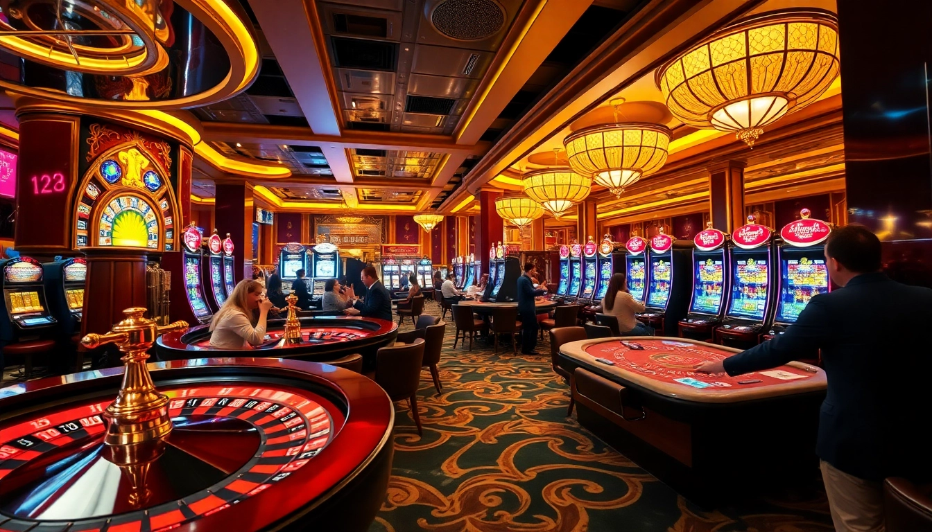 Players enjoy an immersive gambling experience at 123win, with vibrant casino tables and slot machines in action.