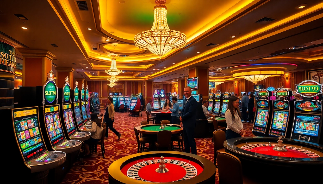 SLOT99 offers thrilling, high-stakes gaming experiences with vibrant slot machines and excited players.