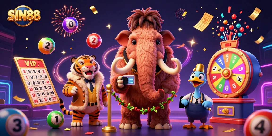 SIN88 casino illustration with a mammoth bouncer, saber-tooth tiger, and dodo bird among vibrant lottery themes.