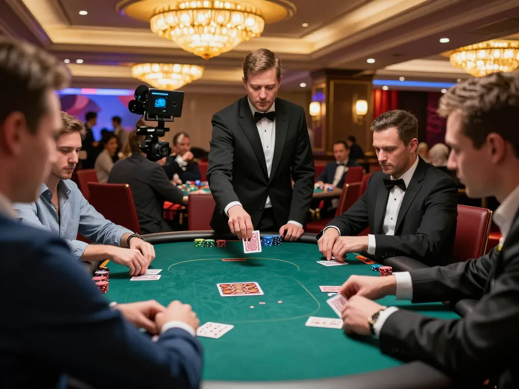 Doctorjenmt showcases players focusing on cards at an elegant poker table in a lively casino.