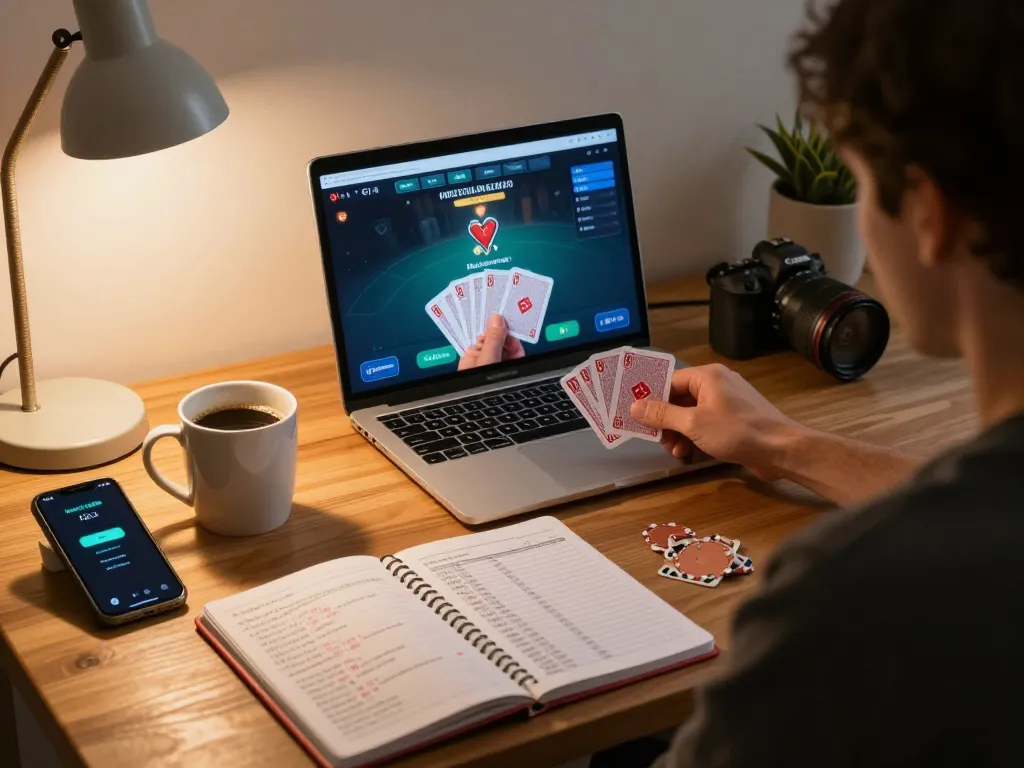Engaging online gambling scene showing user analyzing poker strategies, highlighting antoinelarocque approach to responsible gaming.