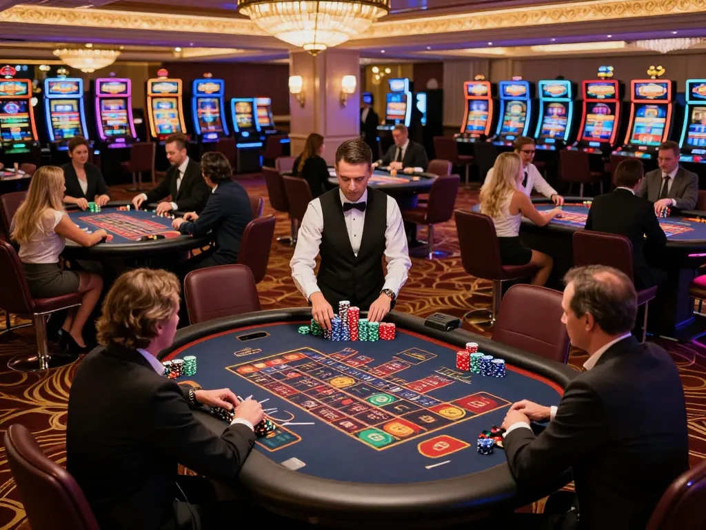 Players enjoying roulette gameplay at Luck8 casino, vibrant casino atmosphere with colorful chips