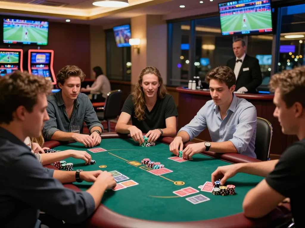 Exciting gambling scene with friends playing debet poker in a lively casino.